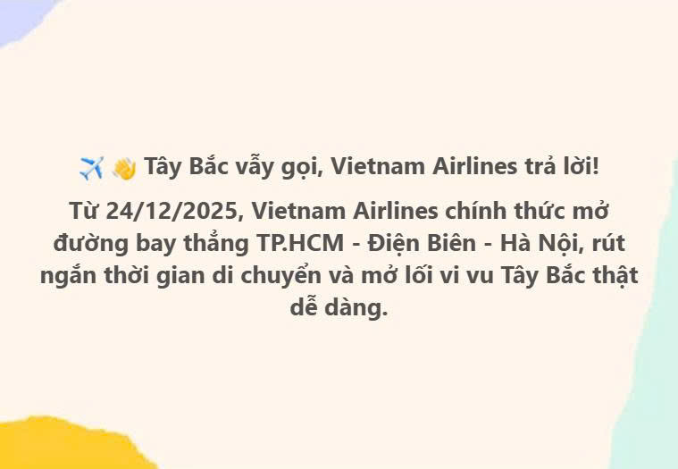 Vietnam Airlines sẽ chính thức khai thác đường bay Tp Hồ Chí Minh - Điện Biên - Hà Nội